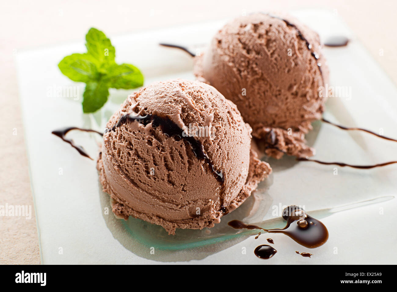 Fresh Chocolate ice cream on a plate close up Stock Photo