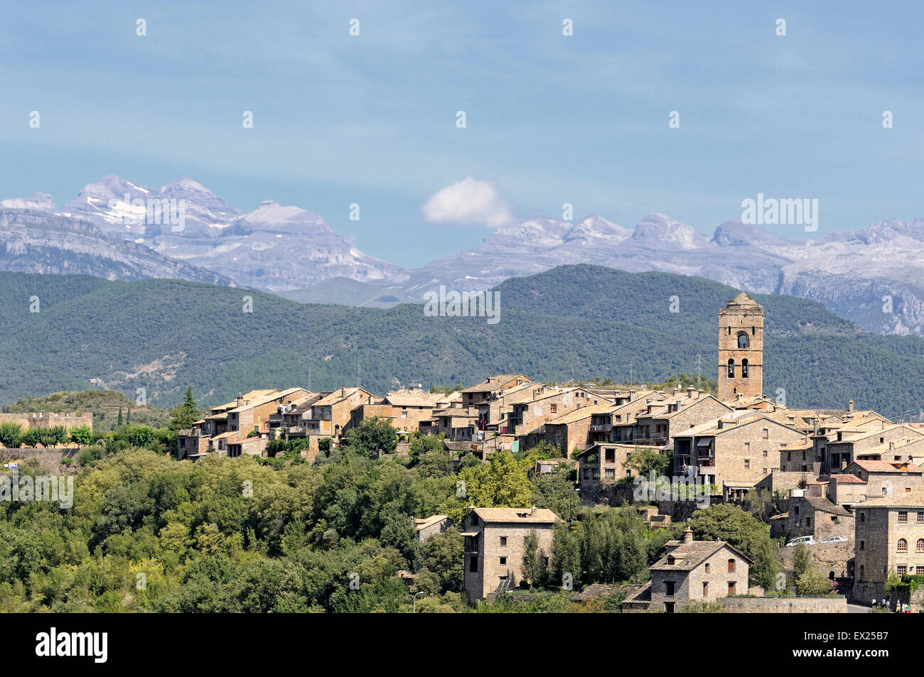 Horizontal picture of oldtown in Ainsa, Pyrenees, with pyrenees mountains in the background Aragón. Spain. Stock Photo