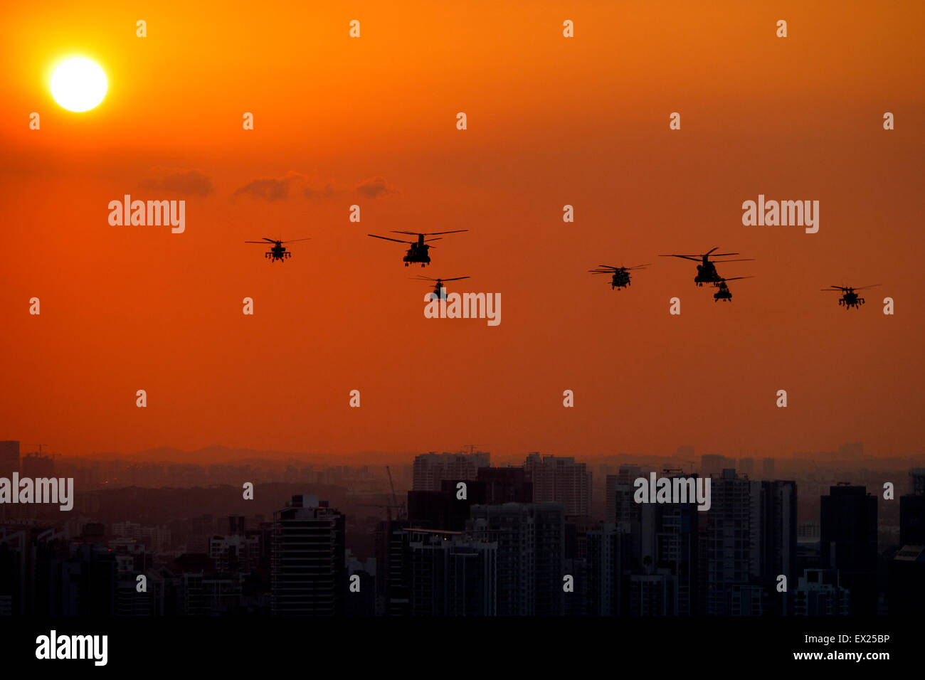 SG50 National Day Parade (NDP) Helicopters Flypast Rehearsal during sunset Stock Photo