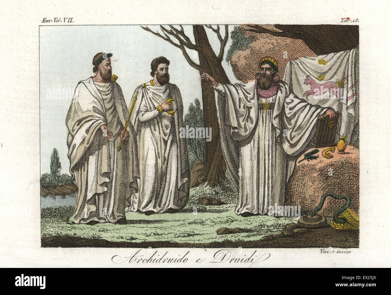 Druids and priest in sacred robes with religious paraphernalia, gold vessels, serpent, and painted curtain. Handcoloured copperplate engraving by Verico from Giulio Ferrario's Costumes Ancient and Modern of the Peoples of the World, Florence, 1847. Stock Photo