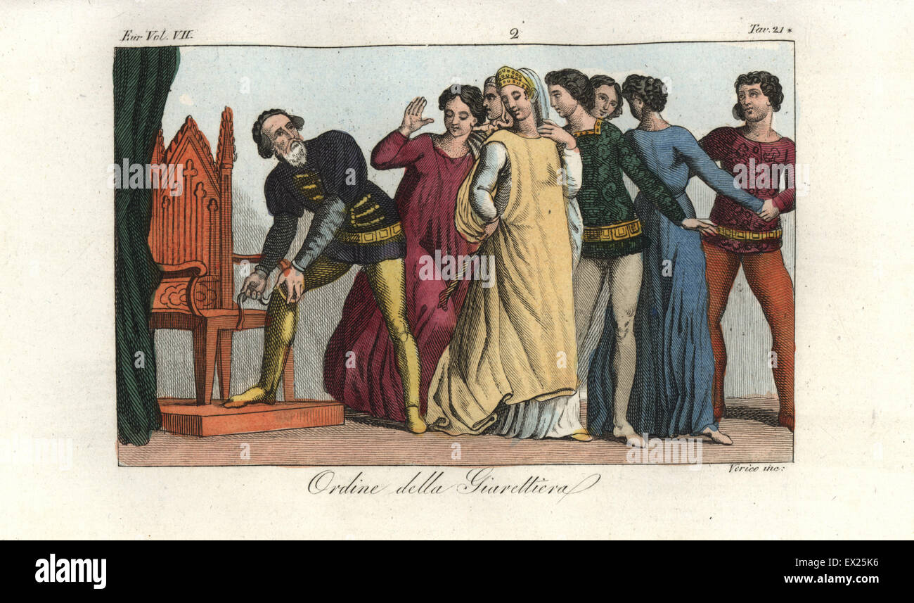 The Countess of Salisbury losing her garter dancing at a court ball, for King Edward II to pick up. The origin of the Order of the Garter, founded in 1348. Handcoloured copperplate engraving by  Verico from Giulio Ferrario's Costumes Ancient and Modern of the Peoples of the World, Florence, 1847. Stock Photo