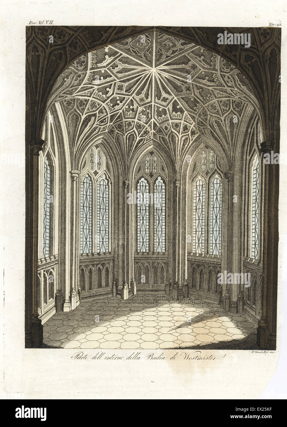 Detail of the interior of Westminster Abbey, 18th century. Handcoloured copperplate drawn and engraved by P. Giarre from Giulio Ferrario's Costumes Ancient and Modern of the Peoples of the World, Florence, 1847. Stock Photo