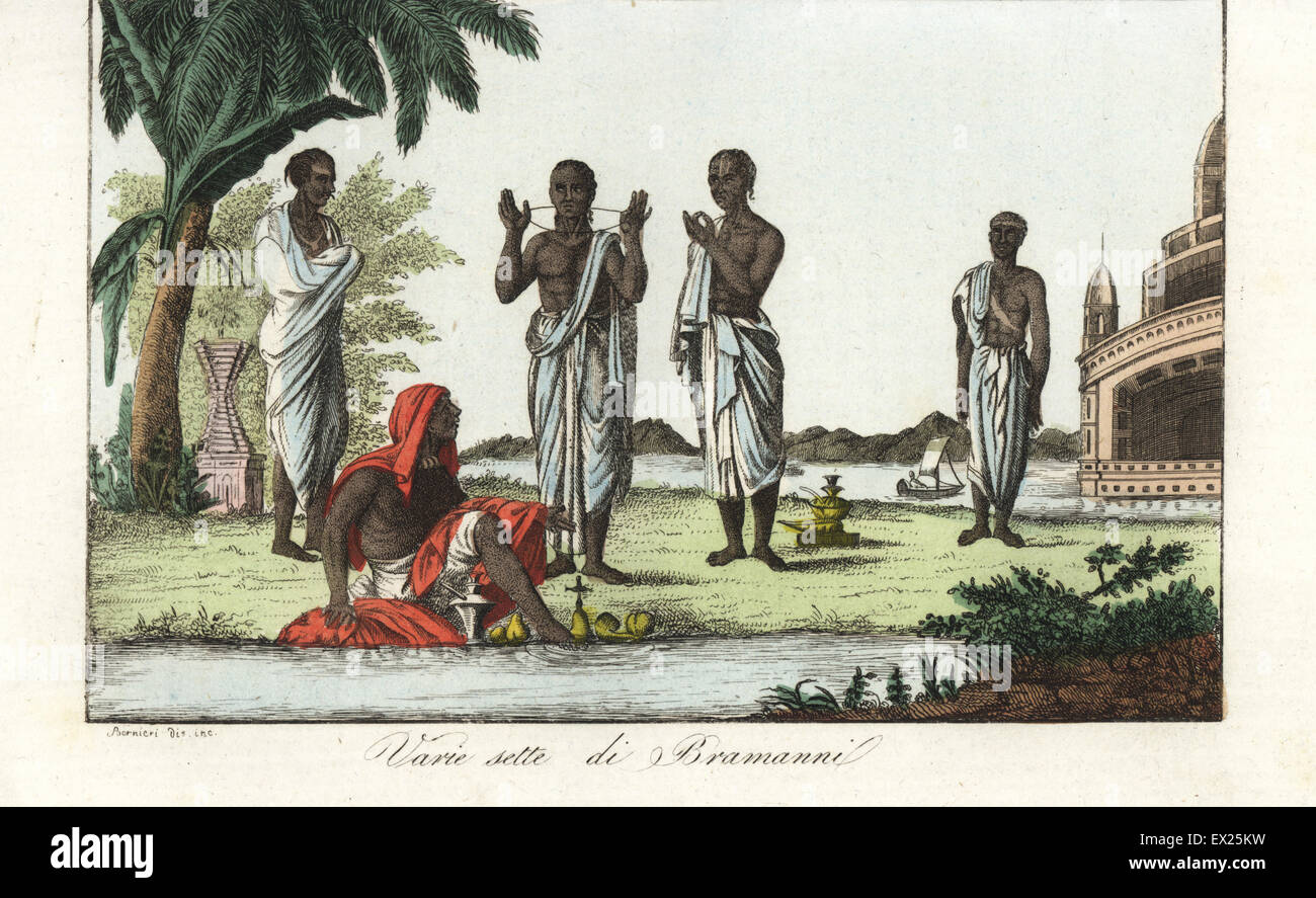 Various sects of Hindu priests or Brahmin with their religious paraphernalia at a river bank. Identified as priests of Sceroteri, Canoge, Drauers, Brijbashi and Uriah. Handcoloured copperplate drawn and engraved by Andrea Bernieri from Giulio Ferrario's Costumes Ancient and Modern of the Peoples of the World, Batelli, Florence, 1843. Stock Photo