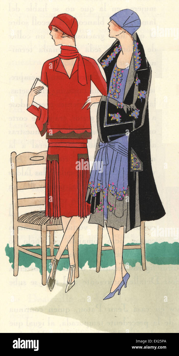 Women in afternoon dresses of crepe de chine, 1920s. Lithograph with pochoir (stencil) coloring from the luxury fashion magazine Art Gout Beaute, ABG, Paris, April 1926. Stock Photo