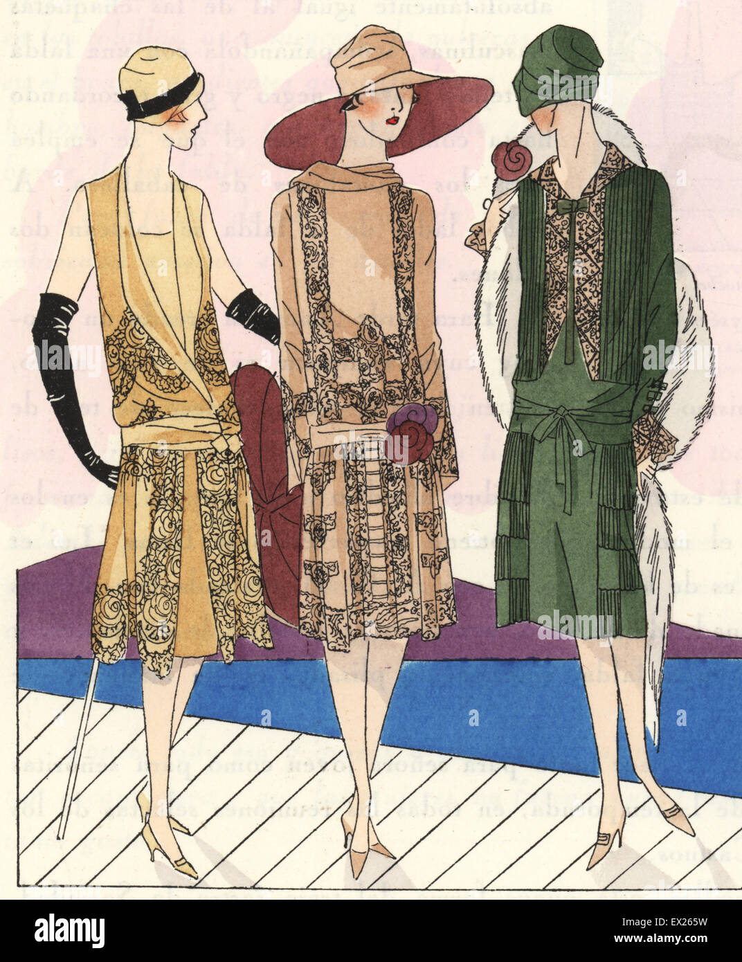Women in evening dresses decorated with lace. Lithograph with pochoir (stencil) coloring from the luxury fashion magazine Art Gout Beaute, ABG, Paris, April 1926. Stock Photo