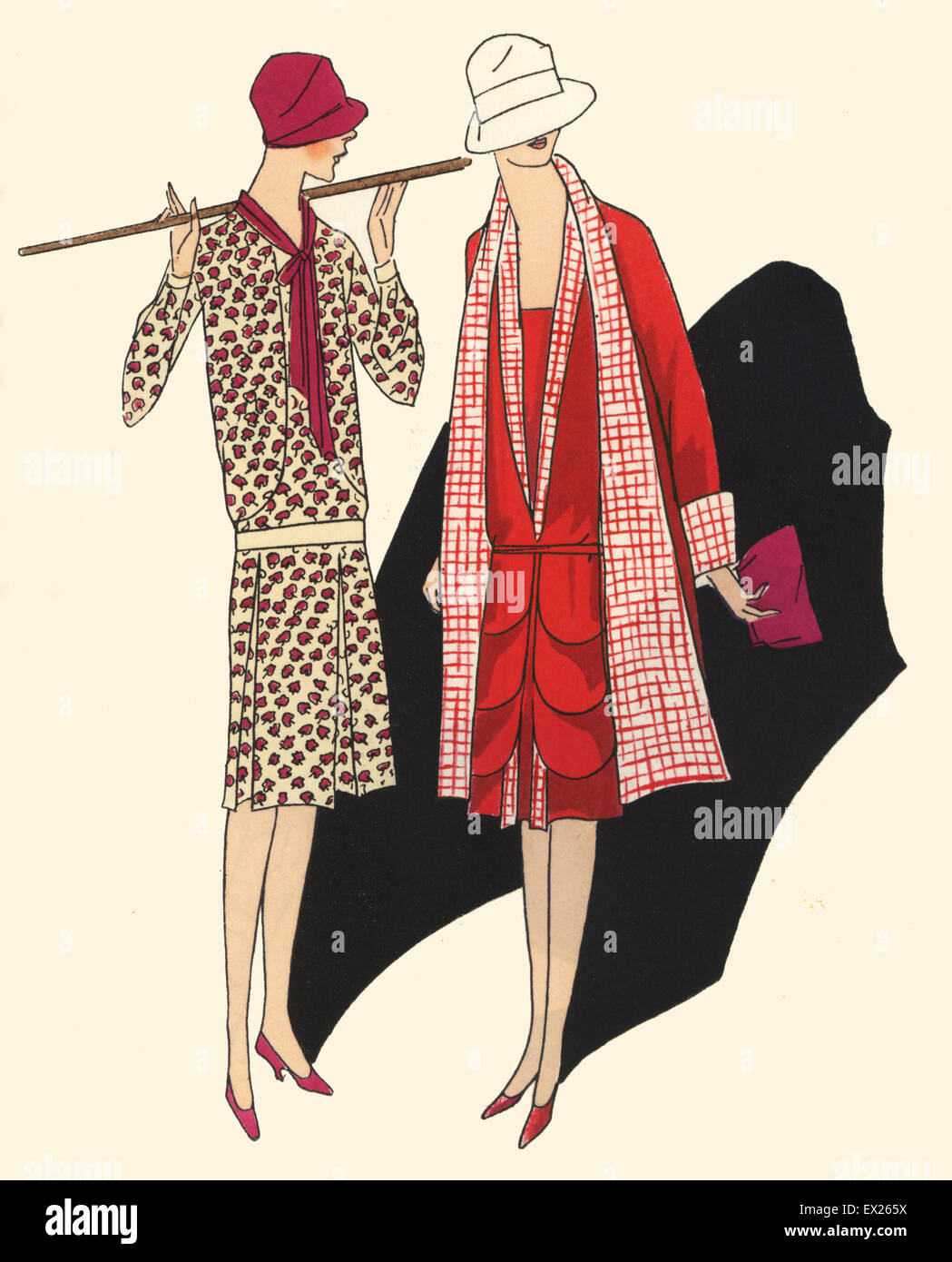 Woman in sports dress of printed silk, and woman in afternoon ensemble of crepe de chine with reversible linen coat. Lithograph with pochoir (stencil) handcolour from the luxury fashion magazine Art, Gout, Beaute, Paris, 1926. Stock Photo