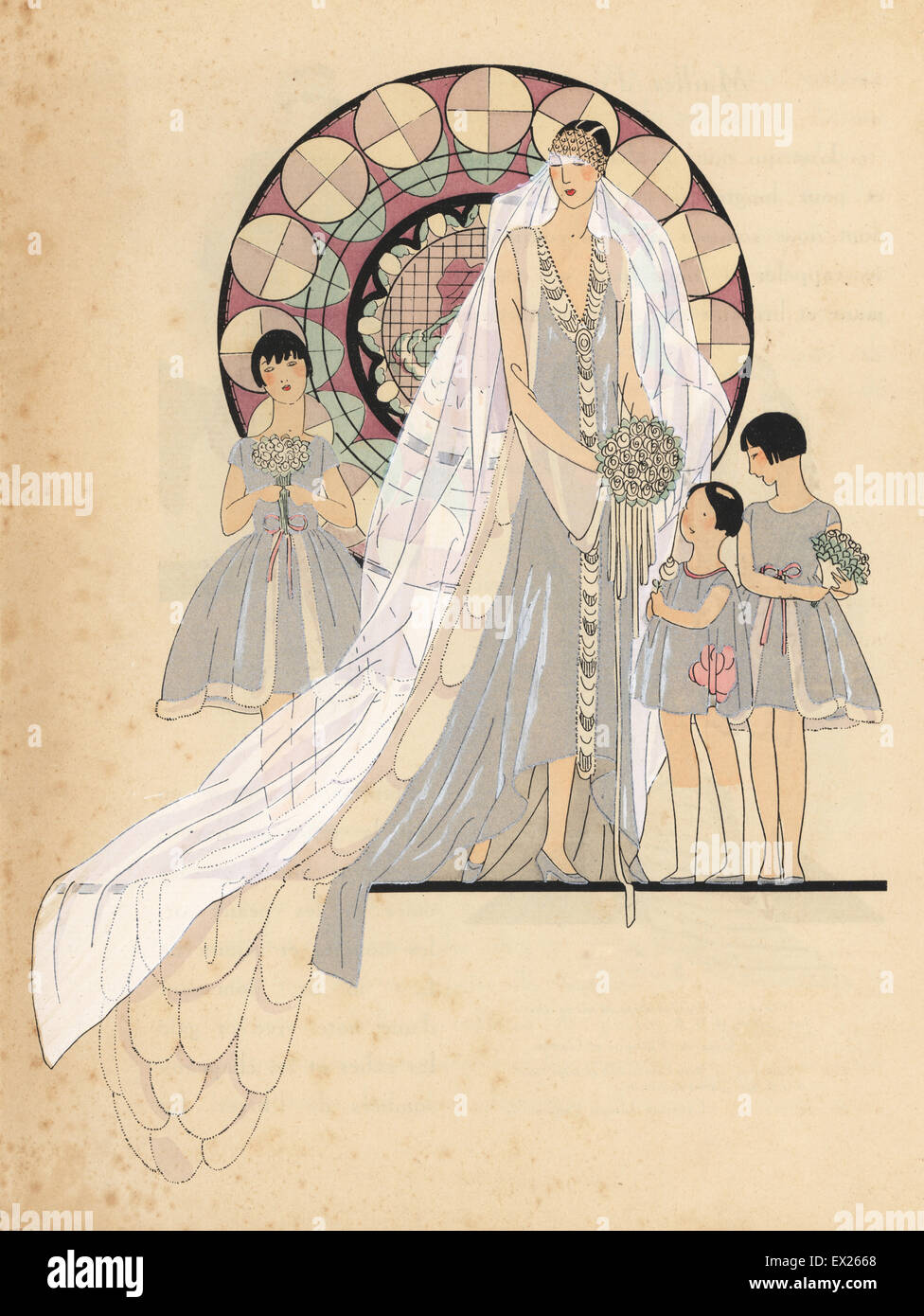 Bride in wedding dress with bridesmaids in matching outfits by Jeanne Lanvin. Lithograph with pochoir (stencil) handcolour from the luxury fashion magazine Art, Gout, Beaute, Paris, 1926. Stock Photo