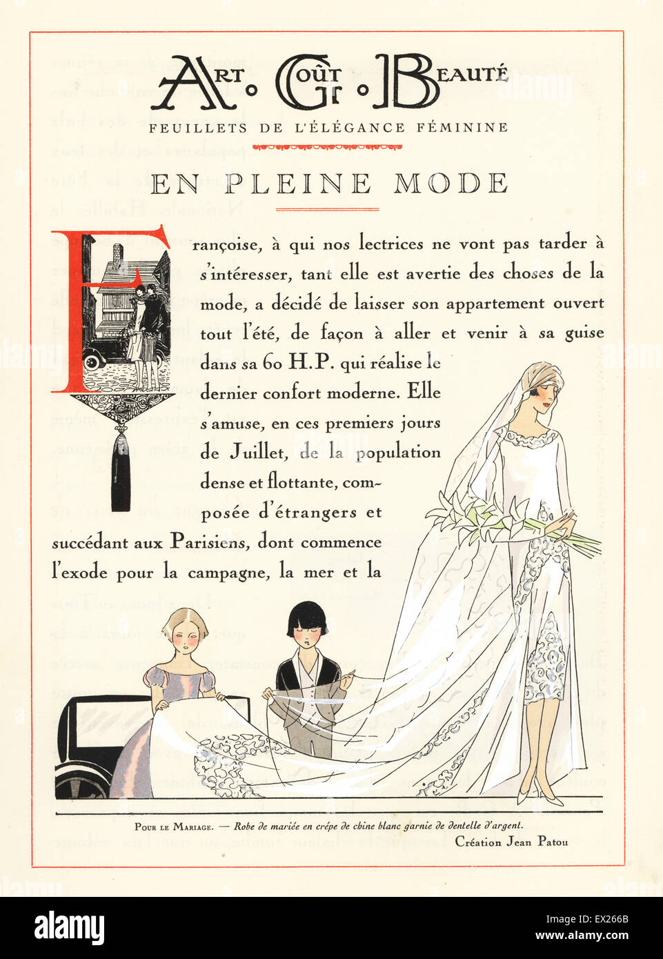 Title page of Art Gout, Beaute, June, 1926, with vignette of a bride in a wedding dress by Jean Patou with bridesmaid and page holding her train and veil. Lithograph with pochoir (stencil) handcolour from the luxury fashion magazine Art, Gout, Beaute, Paris, 1926. Stock Photo