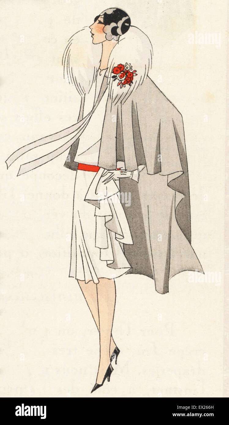 Woman in afternoon ensemble of white dress and cape with grey fox trim. Lithograph with pochoir (stencil) handcolour from the luxury fashion magazine Art, Gout, Beaute, Paris, 1928. Stock Photo