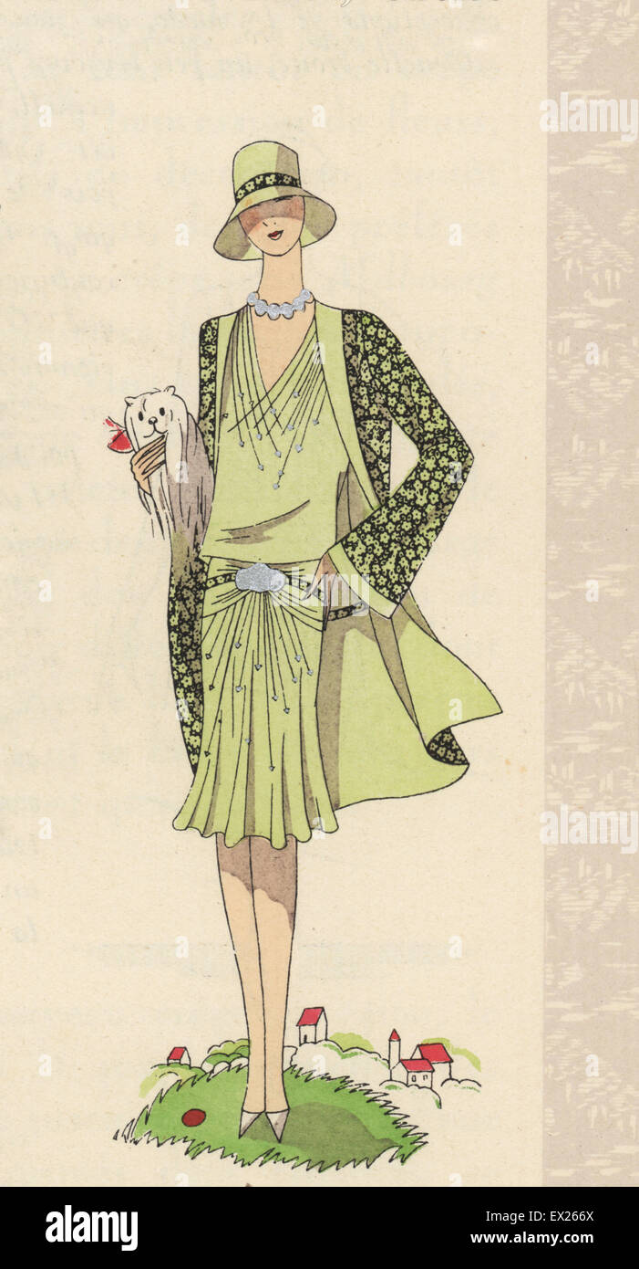 Woman in afternoon dress in green imperial crepe de chine with lap dog. Lithograph with pochoir (stencil) handcolour from the luxury fashion magazine Art, Gout, Beaute, Paris, 1928. Stock Photo