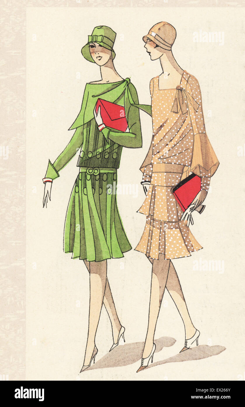 Women in afternoon dresses of green crepe and printed salmon-pink crepe de chine. Lithograph with pochoir (stencil) handcolour from the luxury fashion magazine Art, Gout, Beaute, Paris, 1928. Stock Photo