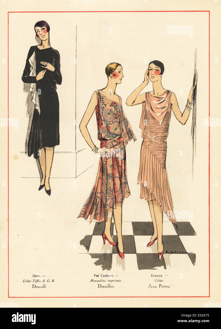 Women in evening dresses of crepe Tiffis, printed muslin and crepe. Lithograph with pochoir (stencil) handcolour after an illustration by R. Drivor from the luxury fashion magazine Art, Gout, Beaute, Paris, 1923. Stock Photo