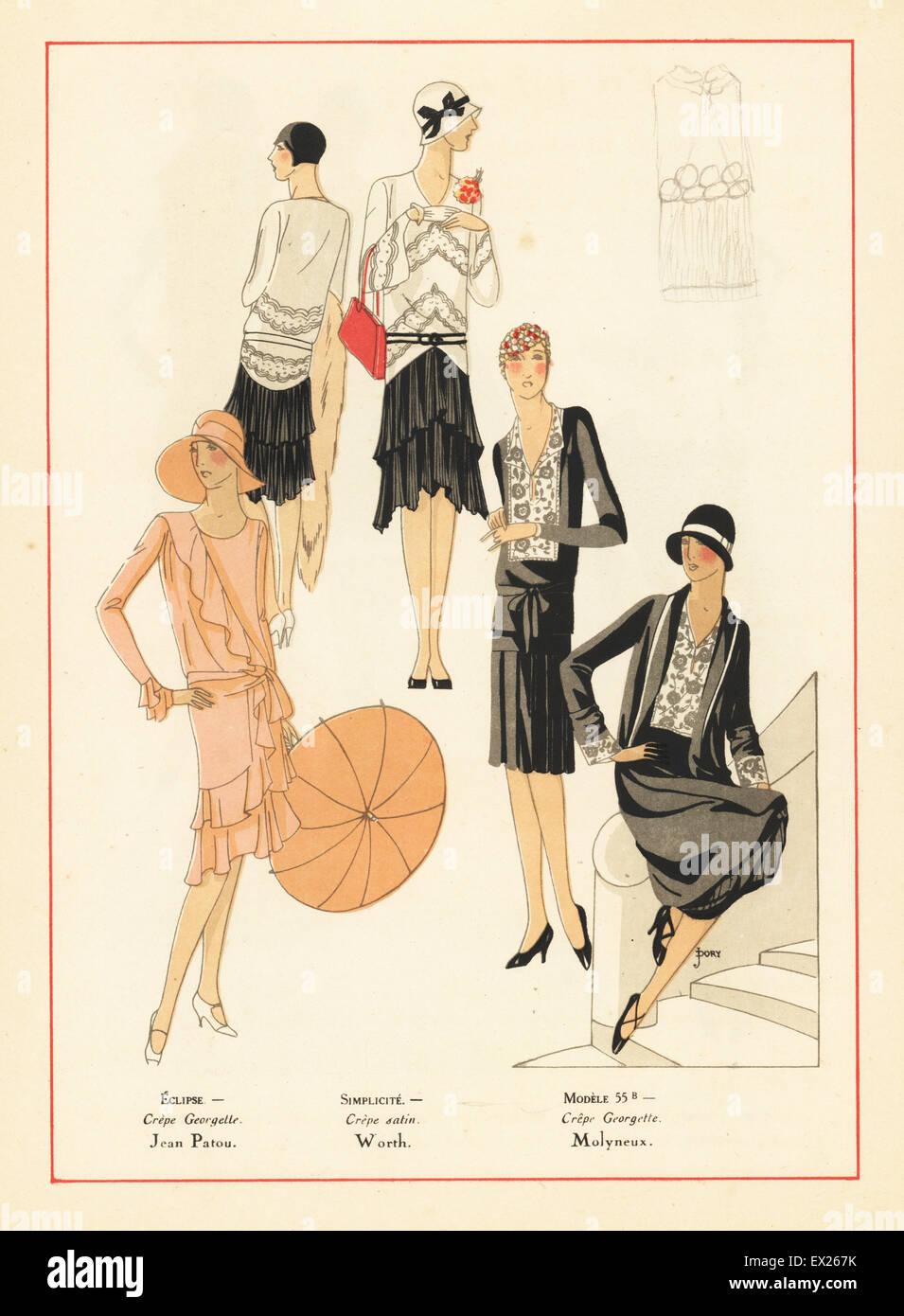 Women in evening dresses of crepe georgette and satin crepe, 1928. Lithograph with pochoir (stencil) handcolour after an illustration by J. Dory from the luxury fashion magazine Art, Gout, Beaute, Paris, 1928. Stock Photo