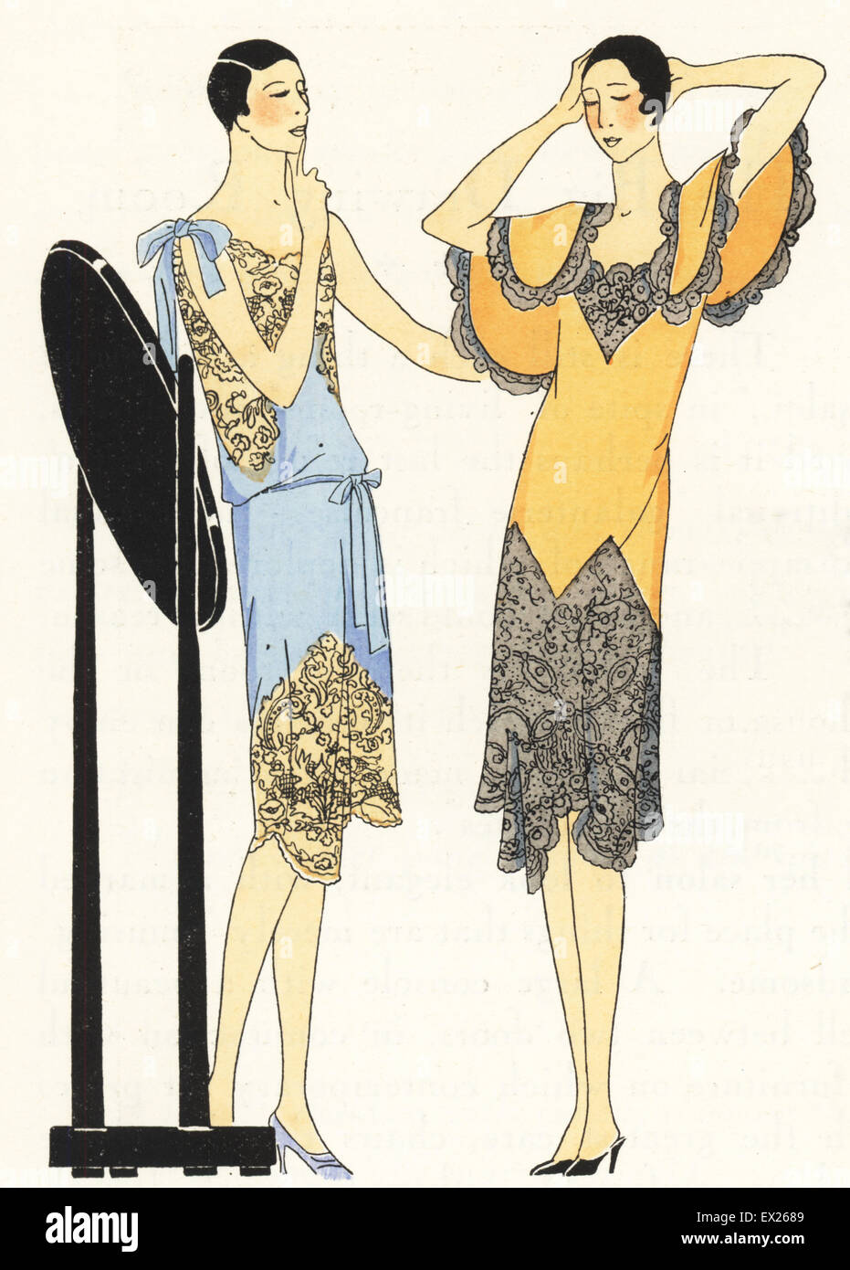Two women in afternoon dresses with lace panels. Lithograph with pochoir (stencil) handcolour from the luxury fashion magazine Art, Gout, Beaute, Paris, 1929. Stock Photo