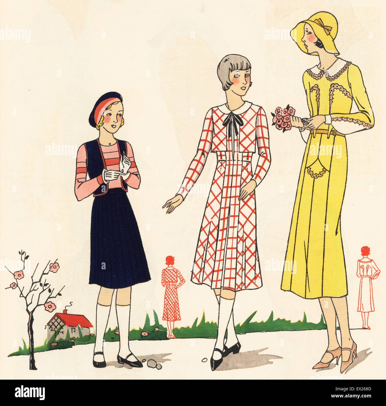 Woman in wool georgette dress with imitation bolero, and girls in sport ensemble and fancy wool dress. Lithograph with pochoir (stencil) handcolour from the luxury fashion magazine Art, Gout, Beaute, Paris, 1931. Stock Photo
