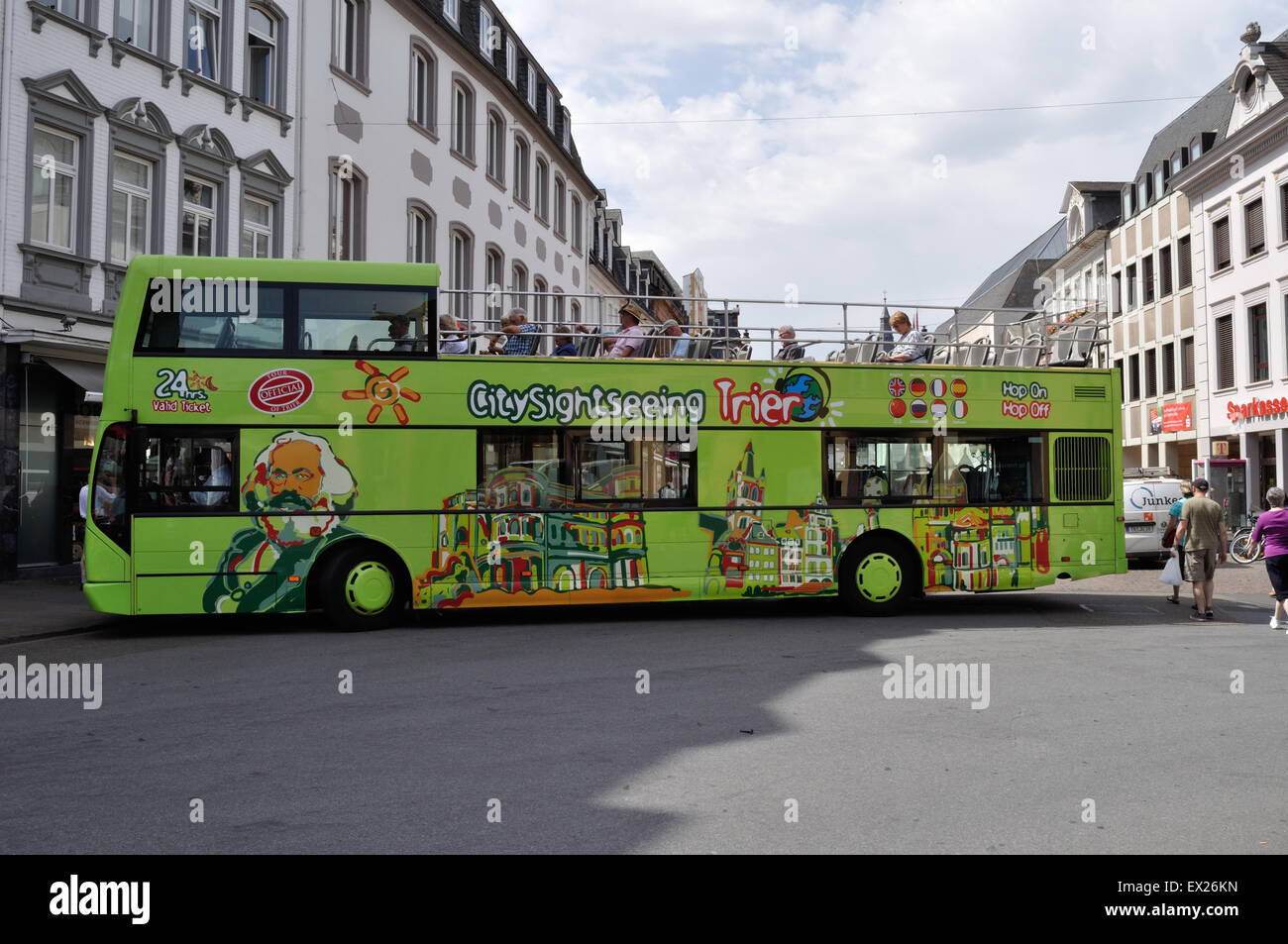 City Sightseeing bus in Trier, Germany. Luxembourg registration SL 3240. Volvo/East Lancs Vyking. Stock Photo