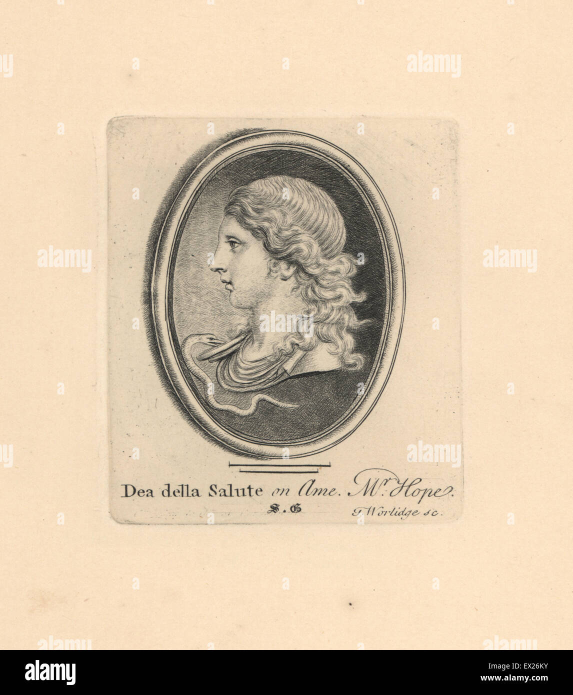 Hygieia, Greek and Roman goddess of health, Dea della Salute, in necklace with snake. From a gem engraved on amethyst in the collection of Mr Hope. Copperplate engraving by Thomas Worlidge from James Vallentin's One Hundred and Eight Engravings from Antique Gems, 1863. Stock Photo