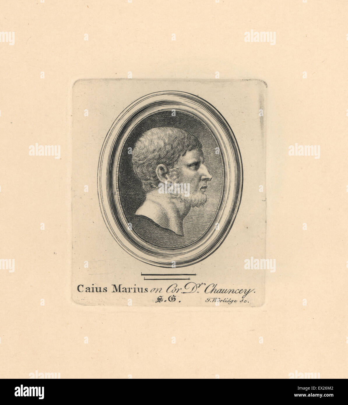 Portrait of Caius Marius, Roman general and statesman, engraved on cornelian from the collection of Dr. Chauncey. Copperplate engraving by Thomas Worlidge from James Vallentin's One Hundred and Eight Engravings from Antique Gems, 1863. Stock Photo