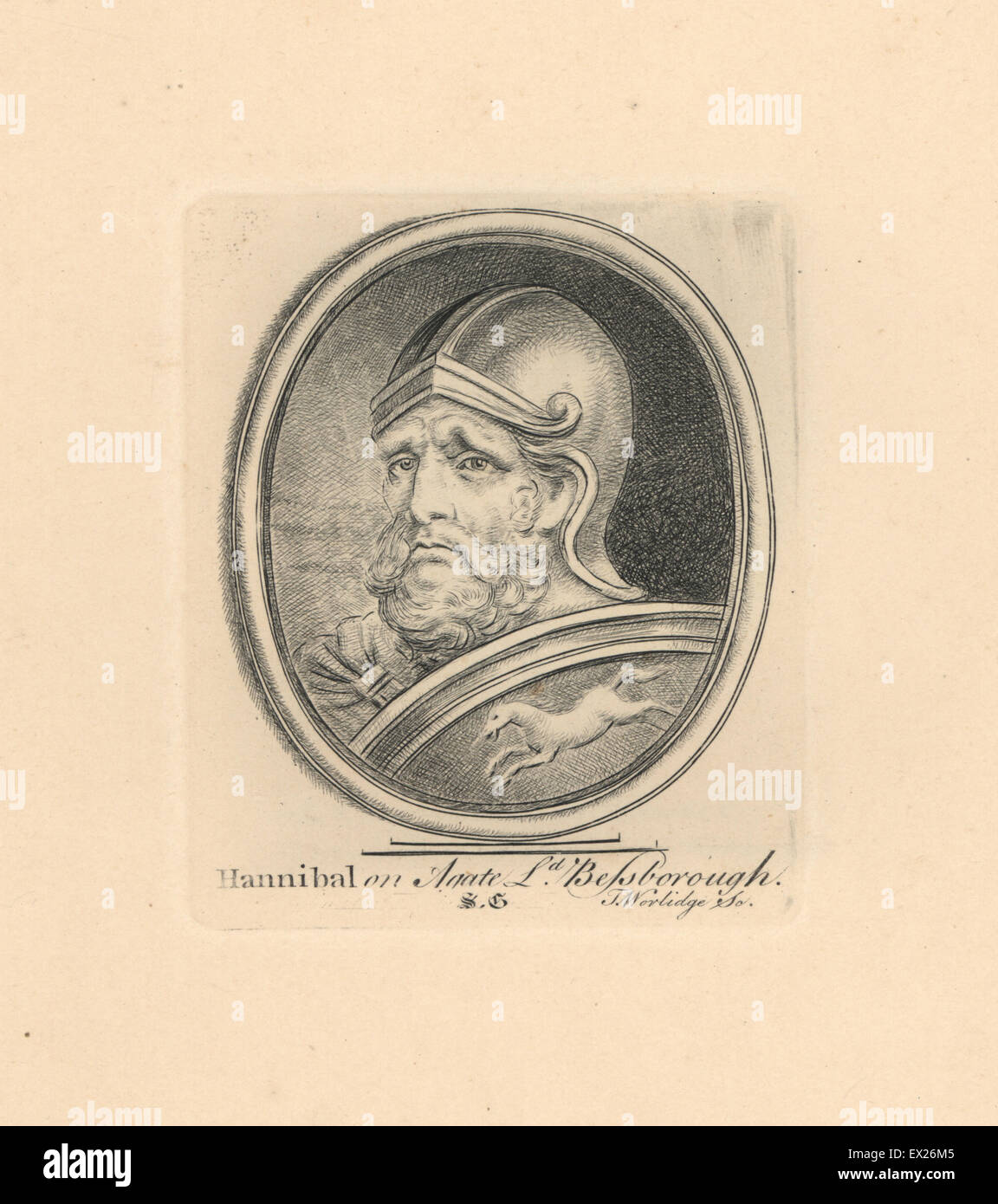 Portrait of Hannibal Barca, Punic Cathagian general, engraved on agate in the collection of Lord Bessborough. Copperplate engraving by Thomas Worlidge from James Vallentin's One Hundred and Eight Engravings from Antique Gems, 1863. Stock Photo