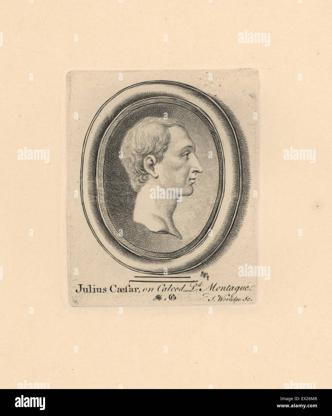 Portrait of Julius Caesar, Roman general and statesman, engraved on chalcedony in the collection of Lord Montague. Copperplate engraving by Thomas Worlidge from James Vallentin's One Hundred and Eight Engravings from Antique Gems, 1863. Stock Photo