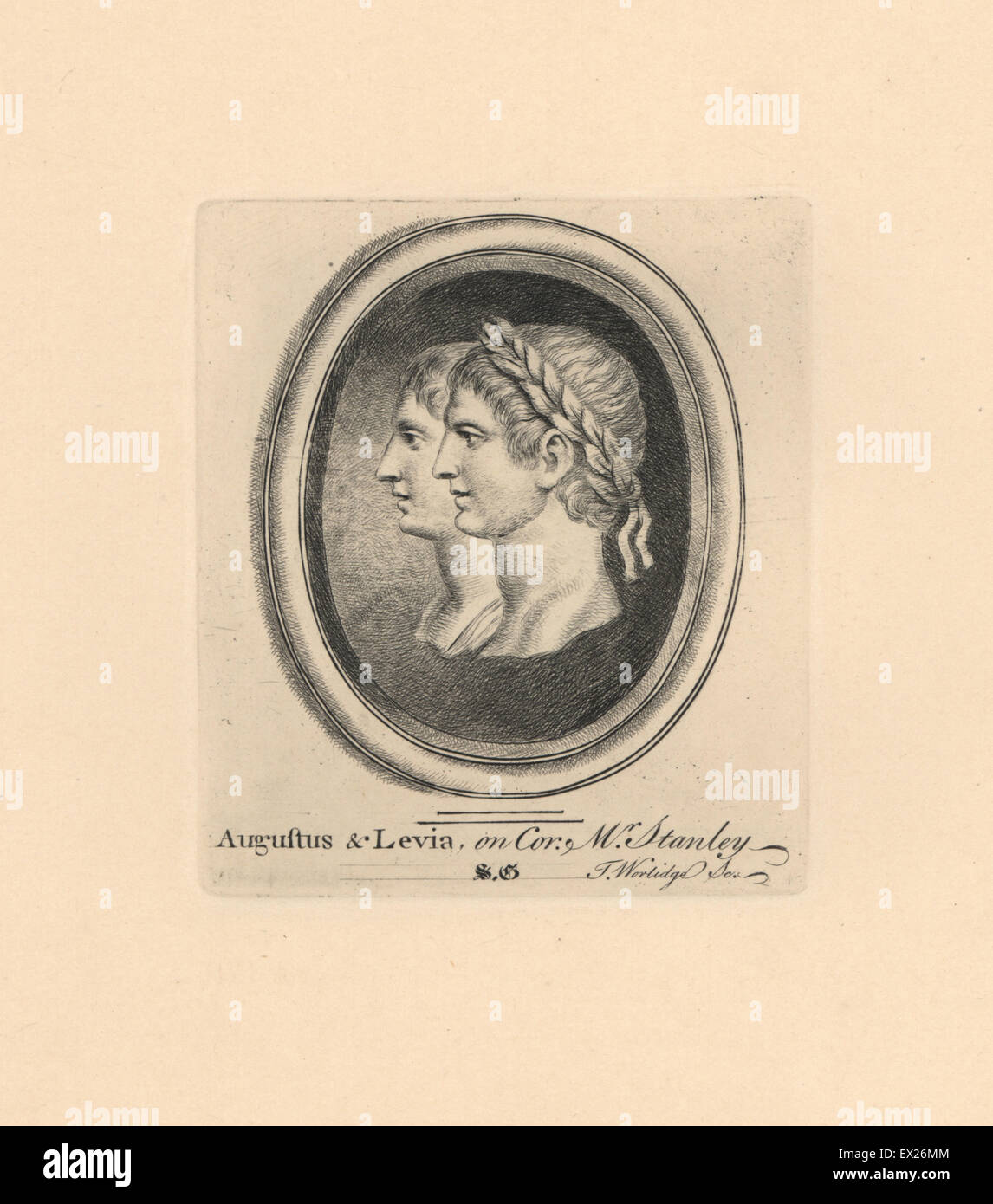 Augustus Caesar, Roman Emperor, in laurel wreath and his wife Livia Drusilla Julia Augusta. Engraved on cornelian in the collection of Mr Stanley. Copperplate engraving by Thomas Worlidge from James Vallentin's One Hundred and Eight Engravings from Antique Gems, 1863. Stock Photo