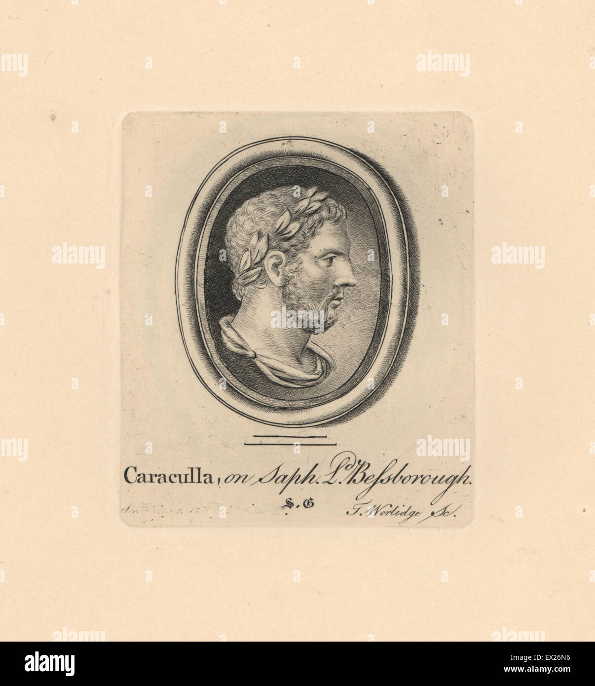 Portrait of Antoninus or Caracalla, Roman Emperor, engraved on sapphire in the collection of Lord Bessborough. Copperplate engraving by Thomas Worlidge from James Vallentin's One Hundred and Eight Engravings from Antique Gems, 1863. Stock Photo