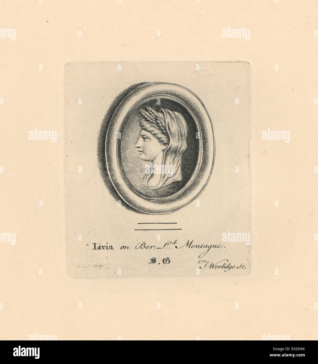 Portrait of Livia Drusilla, Roman Empress, consort to Augustus, on beryl from Lord Montague's collection. Copperplate engraving by Thomas Worlidge from James Vallentin's One Hundred and Eight Engravings from Antique Gems, 1863. Stock Photo