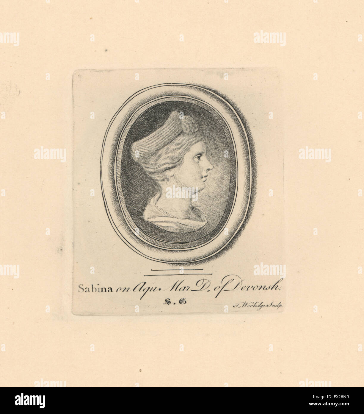 Portrait of Poppaea Sabina, Roman Empress, wife to Nero, with distinctive braided hairstyle, on aquamarine from the Duke of Devonshire's collection. Copperplate engraving by Thomas Worlidge from James Vallentin's One Hundred and Eight Engravings from Antique Gems, 1863. Stock Photo
