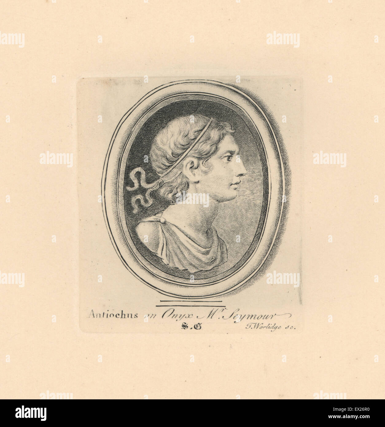 Portrait of Antiochus III the Great, 6th ruler of the Seleucid Empire, in diadem, on onyx in Mr Seymour's collection. Copperplate engraving by Thomas Worlidge from James Vallentin's One Hundred and Eight Engravings from Antique Gems, 1863. Stock Photo