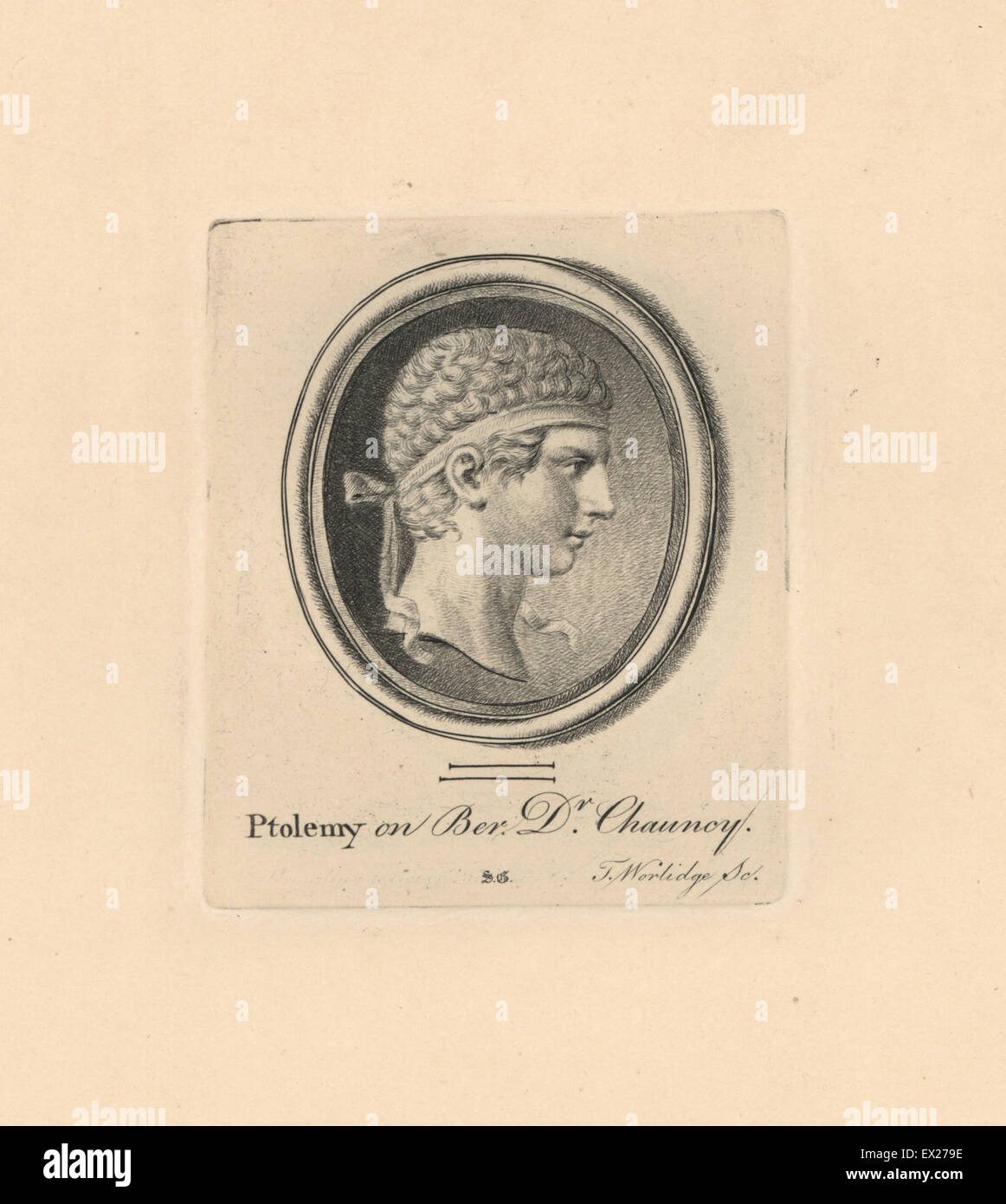 Portrait of Ptolemy V Epiphanes, 5th ruler of the Ptolemaic dynasty, in diadem, on beryl in Dr. Chauncy's collection. Copperplate engraving by Thomas Worlidge from James Vallentin's One Hundred and Eight Engravings from Antique Gems, 1863. Stock Photo