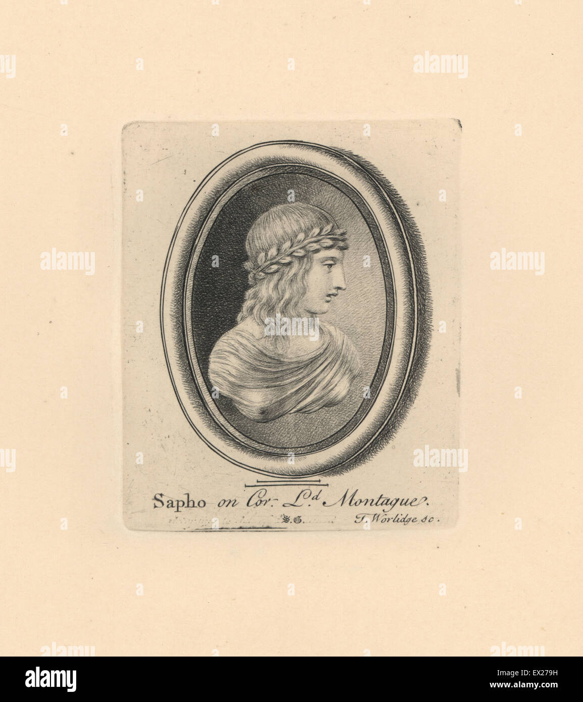 Portrait of Sapho or Sappho, Greek lyric poet from the island of Lesbos, wearing laurel wreath and diaphanous shawl, on cornelian in Lord Montague's collection. Copperplate engraving by Thomas Worlidge from James Vallentin's One Hundred and Eight Engravings from Antique Gems, 1863. Stock Photo