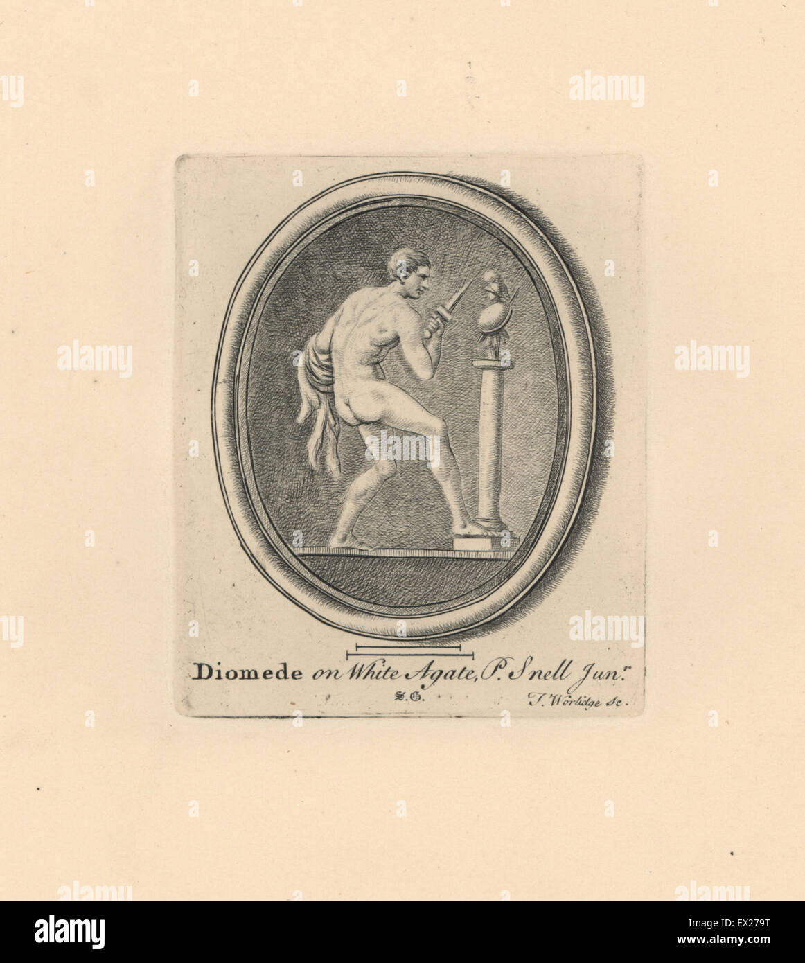 Portrait of Diomedes, warrior hero in Homer's Iliad, with small sword and cloak before a statue, on white agate in the collection of P. Snell Jr. Copperplate engraving by Thomas Worlidge from James Vallentin's One Hundred and Eight Engravings from Antique Gems, 1863. Stock Photo