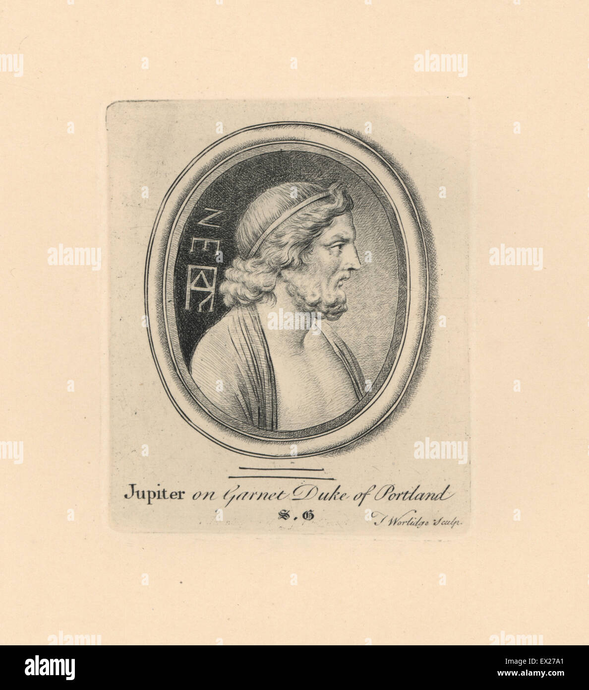 Portrait of Jupiter or Jove, Roman deity, with diadem, on garnet from the collection of the Duke of Portland. Copperplate engraving by Thomas Worlidge from James Vallentin's One Hundred and Eight Engravings from Antique Gems, 1863. Stock Photo