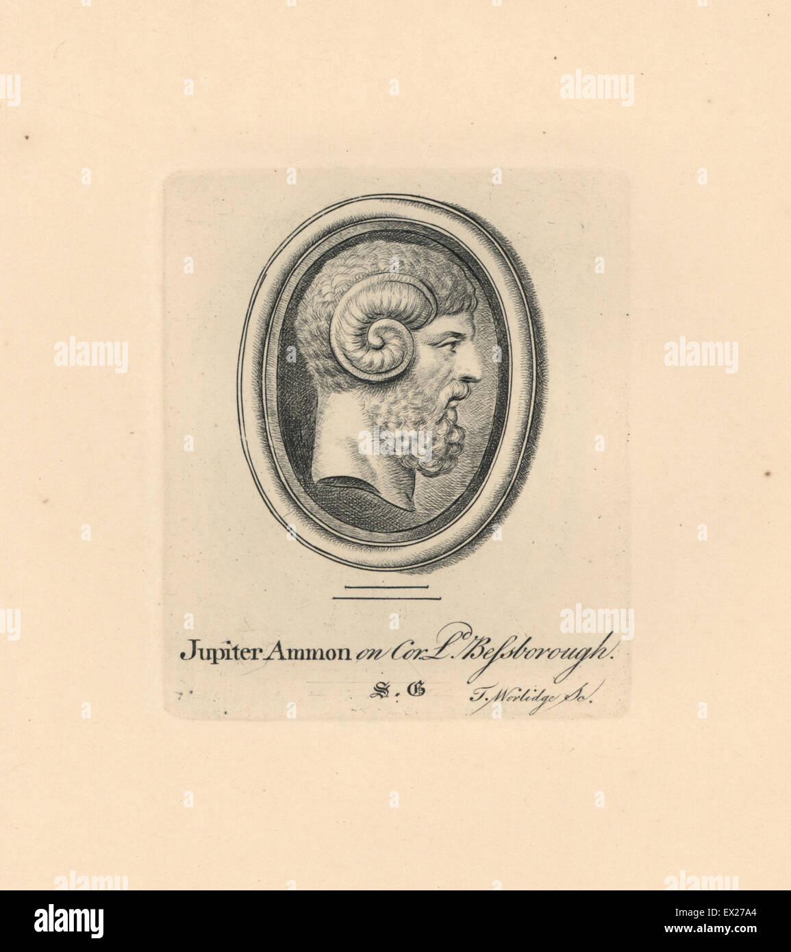 Portrait of Jupiter or Jove, Roman deity, with ram's horn of Ammon, on cornelian from the collection of Lord Bessborough. Copperplate engraving by Thomas Worlidge from James Vallentin's One Hundred and Eight Engravings from Antique Gems, 1863. Stock Photo