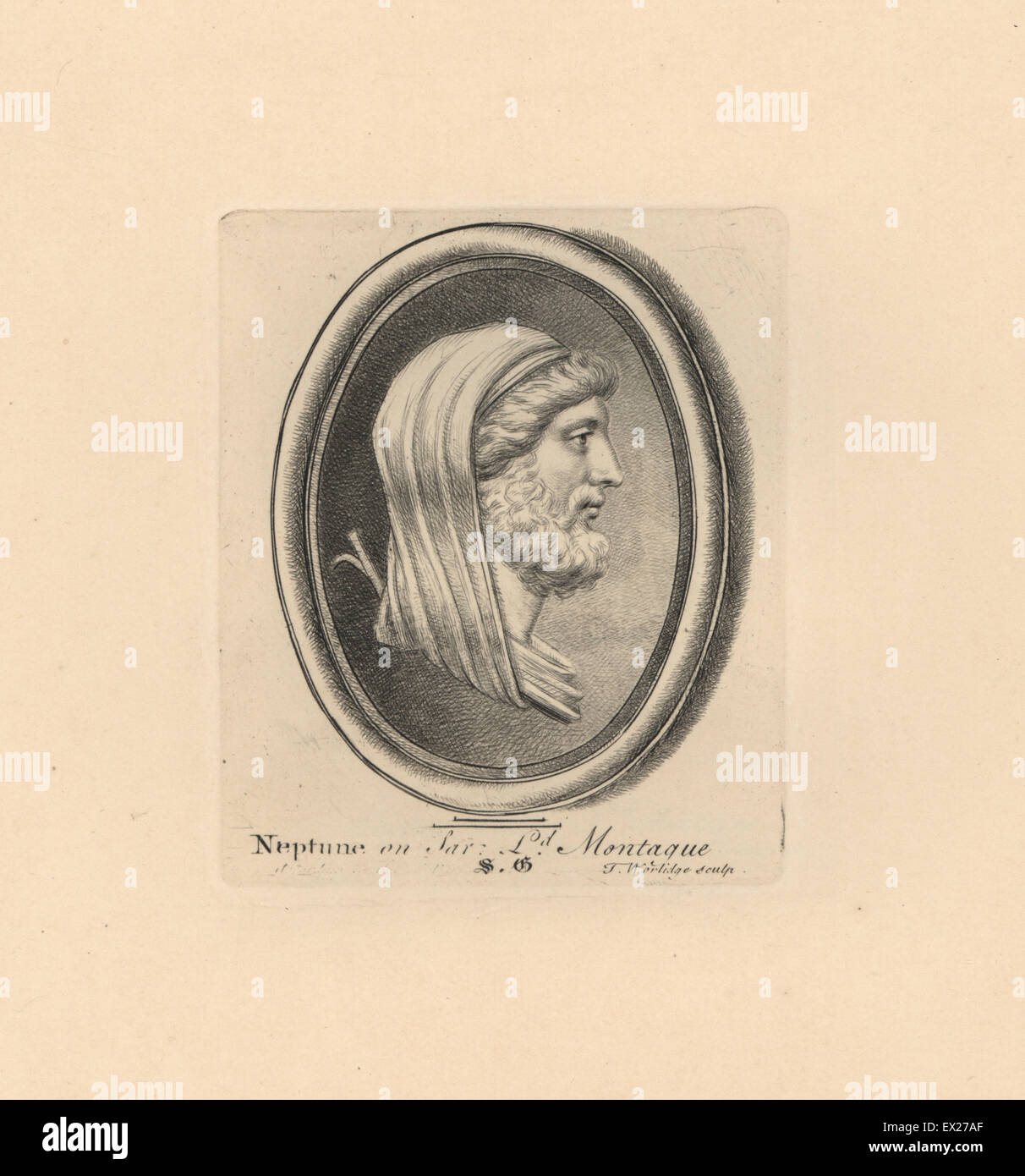 Portrait of Neptune, Roman god of the sea, on sard from Lord Montague's collection. Copperplate engraving by Thomas Worlidge from James Vallentin's One Hundred and Eight Engravings from Antique Gems, 1863. Stock Photo