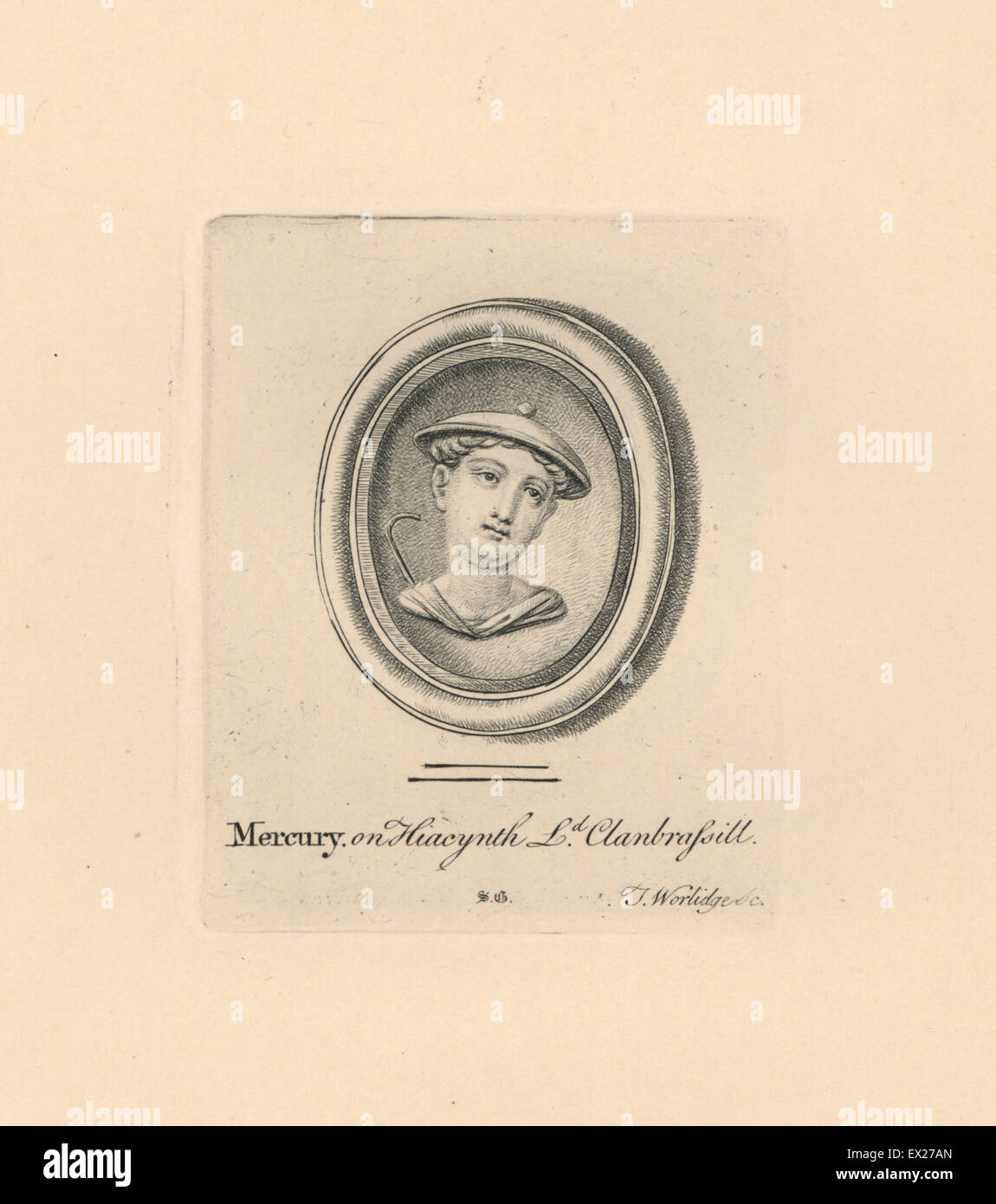 Portrait of Mercury, Roman god of commerce, poetry and communication, in sun hat or petasos, on jacinth in Lord Clanbrassill's collection. Copperplate engraving by Thomas Worlidge from James Vallentin's One Hundred and Eight Engravings from Antique Gems, 1863. Stock Photo