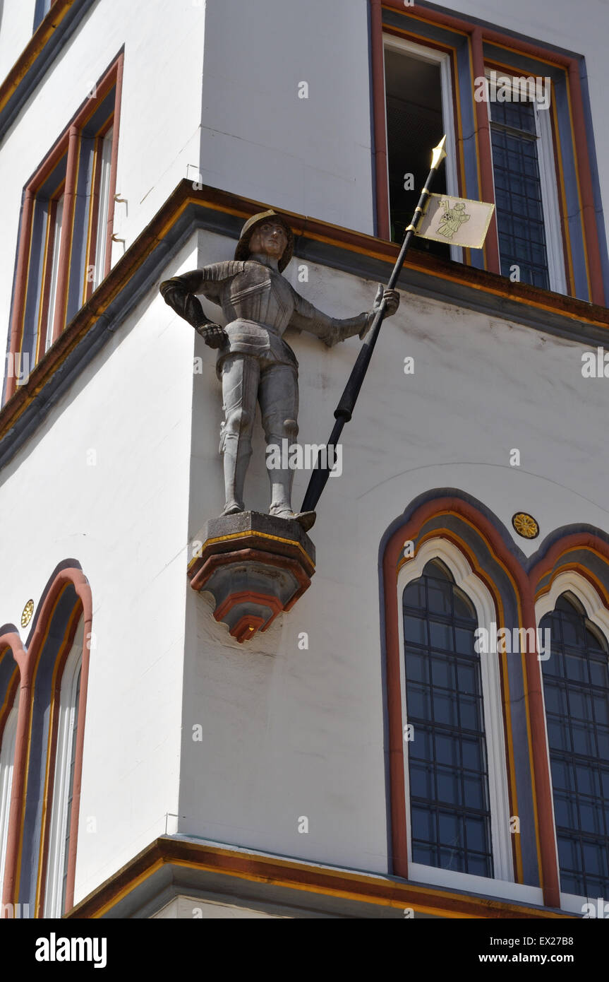 Statue of a knight in armour on a building in the market square in Trier, Germany. Stock Photo