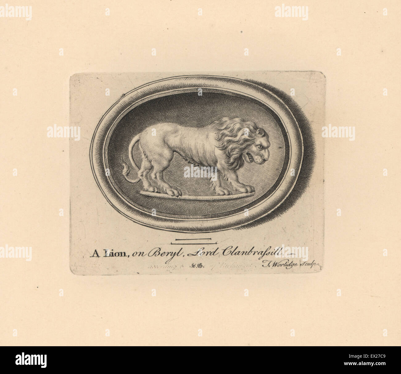 Carving of a lion, on beryl, from Lord Clanbrassill's collection. Copperplate engraving by Thomas Worlidge from James Vallentin's One Hundred and Eight Engravings from Antique Gems, 1863. Stock Photo