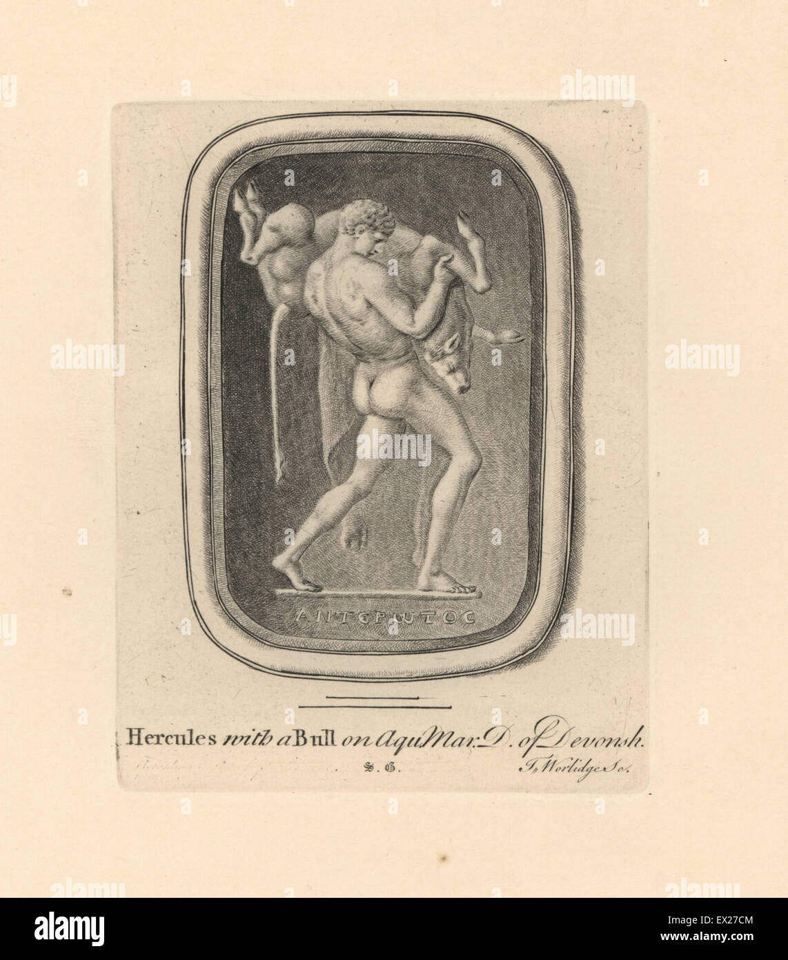 Hercules, Greek mythical hero, defeating the Cretan bull, on aquamarine in the Duke of Devonshire's collection. Copperplate engraving by Thomas Worlidge from James Vallentin's One Hundred and Eight Engravings from Antique Gems, 1863. Stock Photo