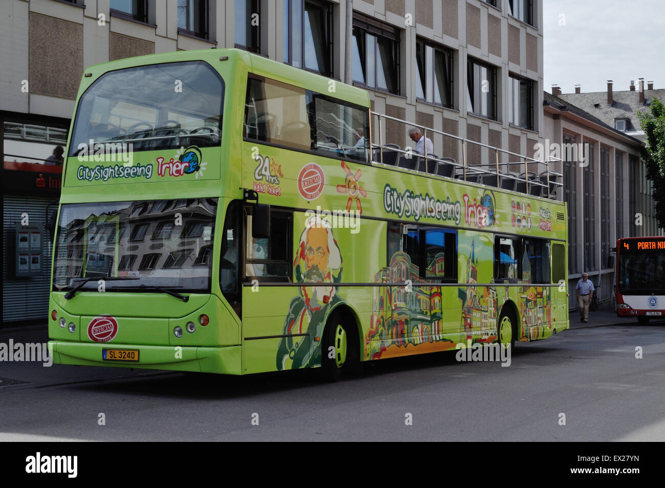 City Sightseeing bus in Trier, Germany. Luxembourg registration SL 3240. Volvo/East Lancs Vyking. Stock Photo