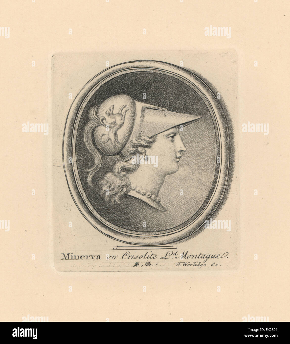 Portrait of Minerva, Roman goddess of wisdom, in helmet with plume, earring and necklace. On chrysolite from Lord Montague's collection. Copperplate engraving by Thomas Worlidge from James Vallentin's One Hundred and Eight Engravings from Antique Gems, 1863. Stock Photo