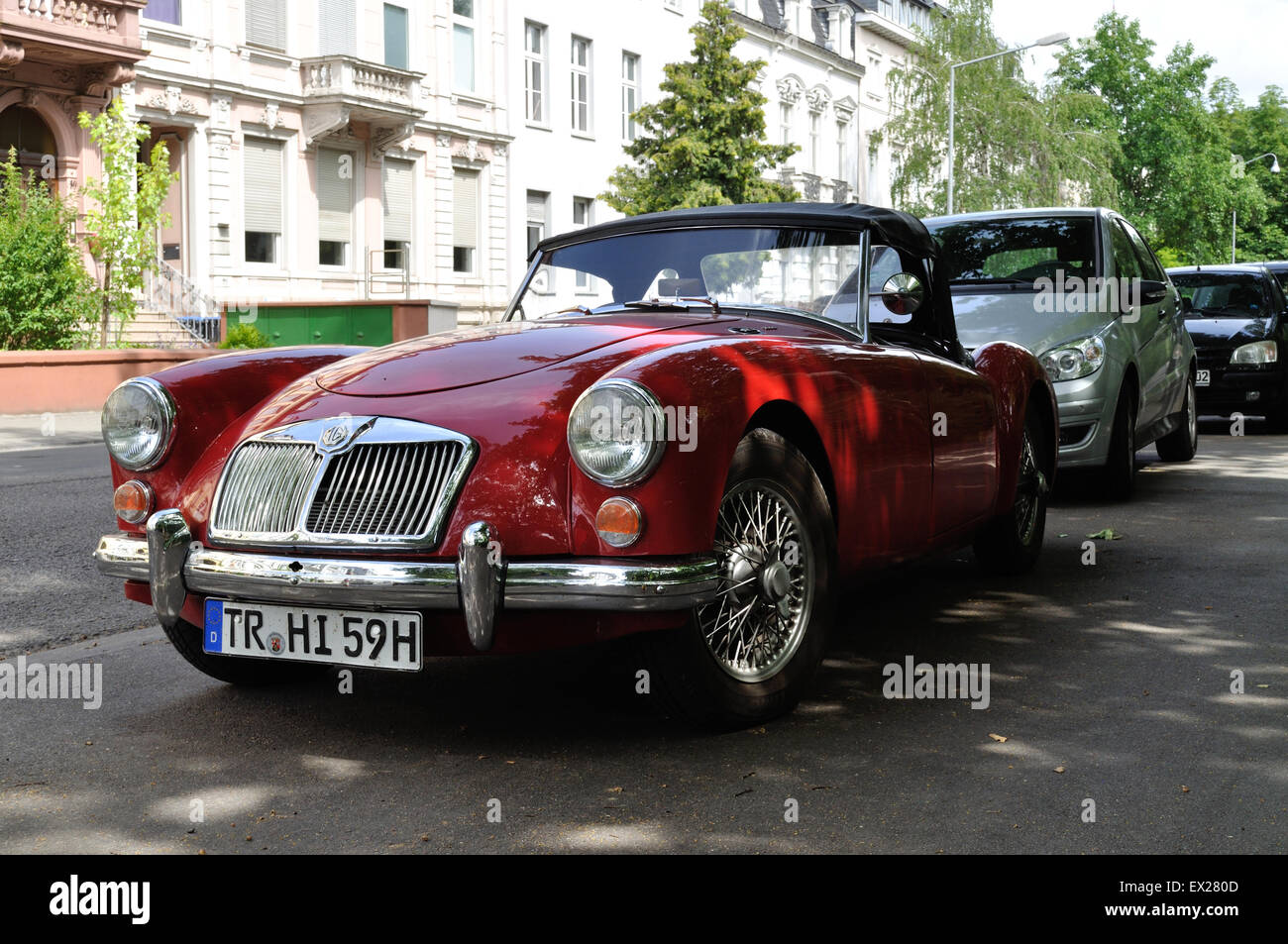 A right hand drive MGA convertible, now with German registration, in Trier, Germany. Stock Photo