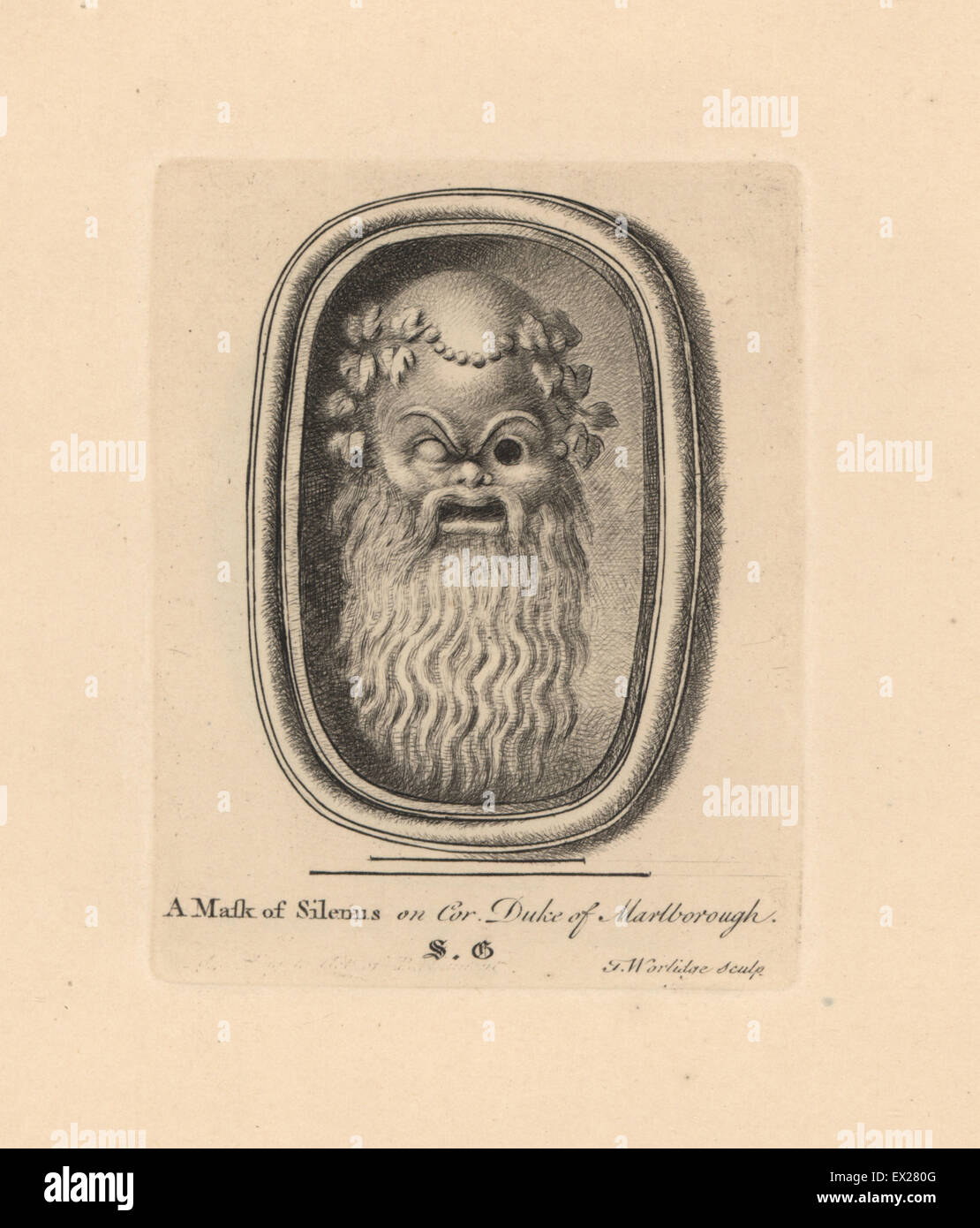 Mask of the satyr Silenus, companion to Dionysus, Greek god of wine, on  cornelian from the Duke of Marlborough's collection. Copperplate engraving  by Thomas Worlidge from James Vallentin's One Hundred and Eight