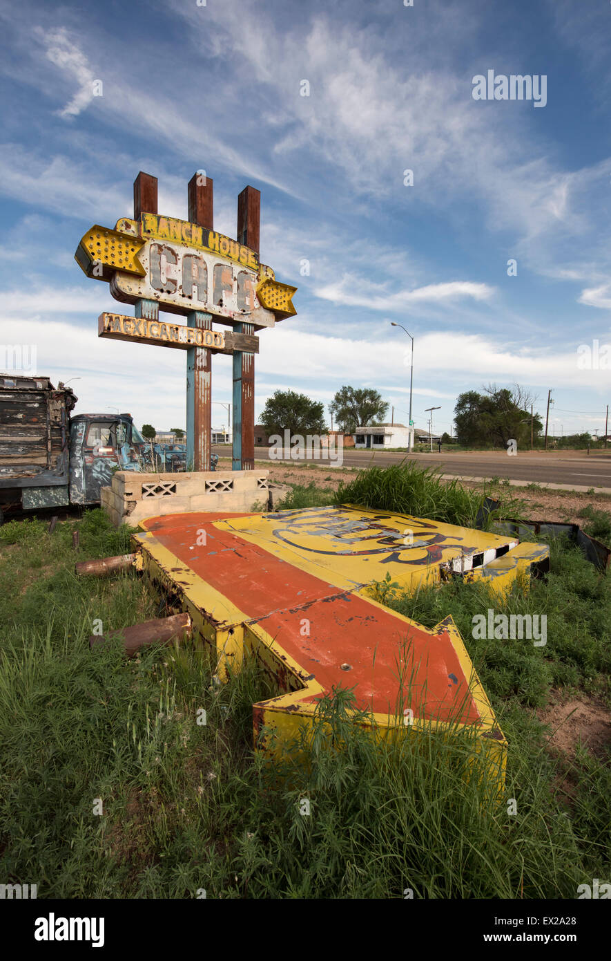 Abandoned Ranch House Cafe sign on Route 66 in Tucumcari, New Mexico Stock Photo