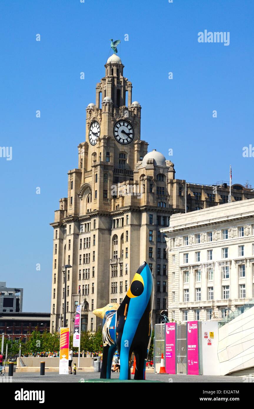 The Royal Liver Building with a Superlambanana in the foreground at Pier Head, Liverpool, Merseyside, England, UK, Europe. Stock Photo
