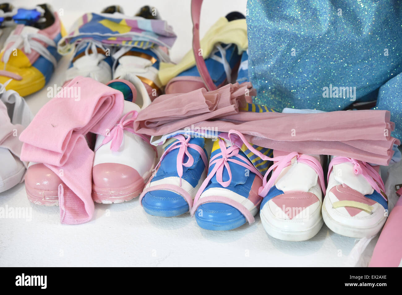 Berlin, Germany. 5th July, 2015. Shoes and accessories can be seen during the fitting for the show 'Designer for Tomorrow' at the Mercedes-Benz Fashion Week Berlin, Germany, 05 July 2015. An initiative by Peek & Cloppenburg and Fashion ID promotes new designers in the context of their young talents award 'Designer for Tomorrow'. During the Berlin Fashion Week, the collections for Spring/Summer 2016 are presented. Photo: JENS KALAENE/dpa/Alamy Live News Stock Photo