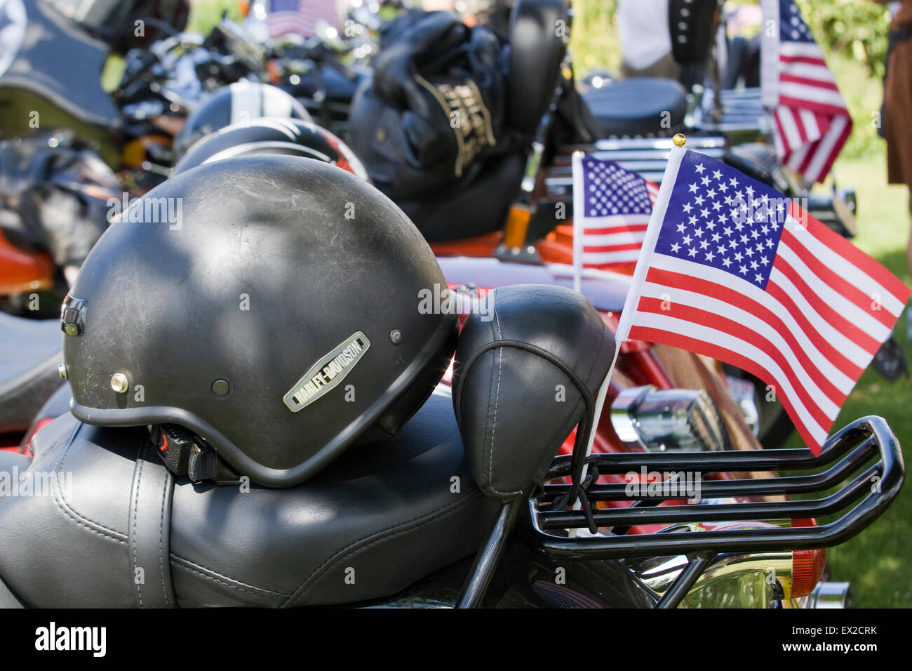 Flags and Helmets on Harley Davidson motorcycle Stock Photo Alamy