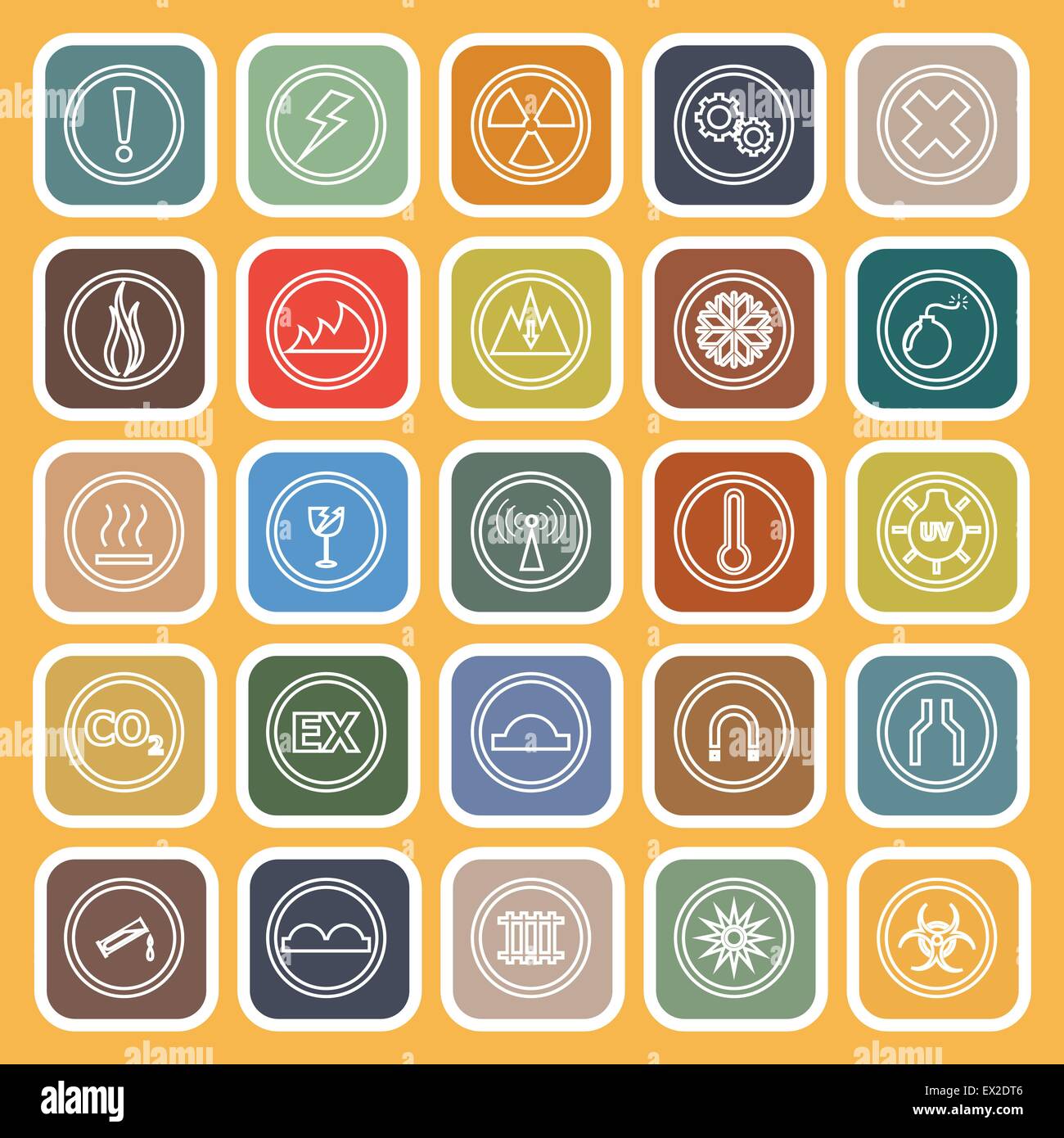 Warning sign line flat icons on yellow background, stock vector Stock ...