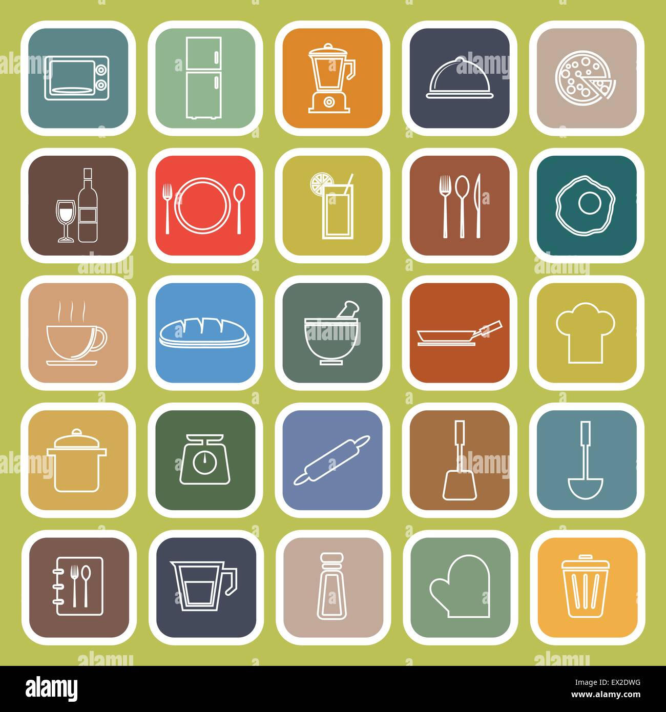 Kitchen line flat icons on green background, stock vector Stock Vector ...