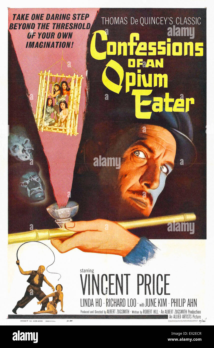 Theatrical Poster for 'Confessions of an Opium Eater ' (aka 'Evils of Chinatown') 1962 film directed by Albert Zugsmith. This is the US one sheet poster printed 1962 for the films US release in June of that year. The film is very loosely based on Thomas De Quincey's 'Confessions of an English Opium-Eater' first published in 1821. A bizarre film where a descendant of Thomas De Quincey, the original opium eater, saves slave girls kept in bamboo cages in Chinatown, San Francisco. Stock Photo